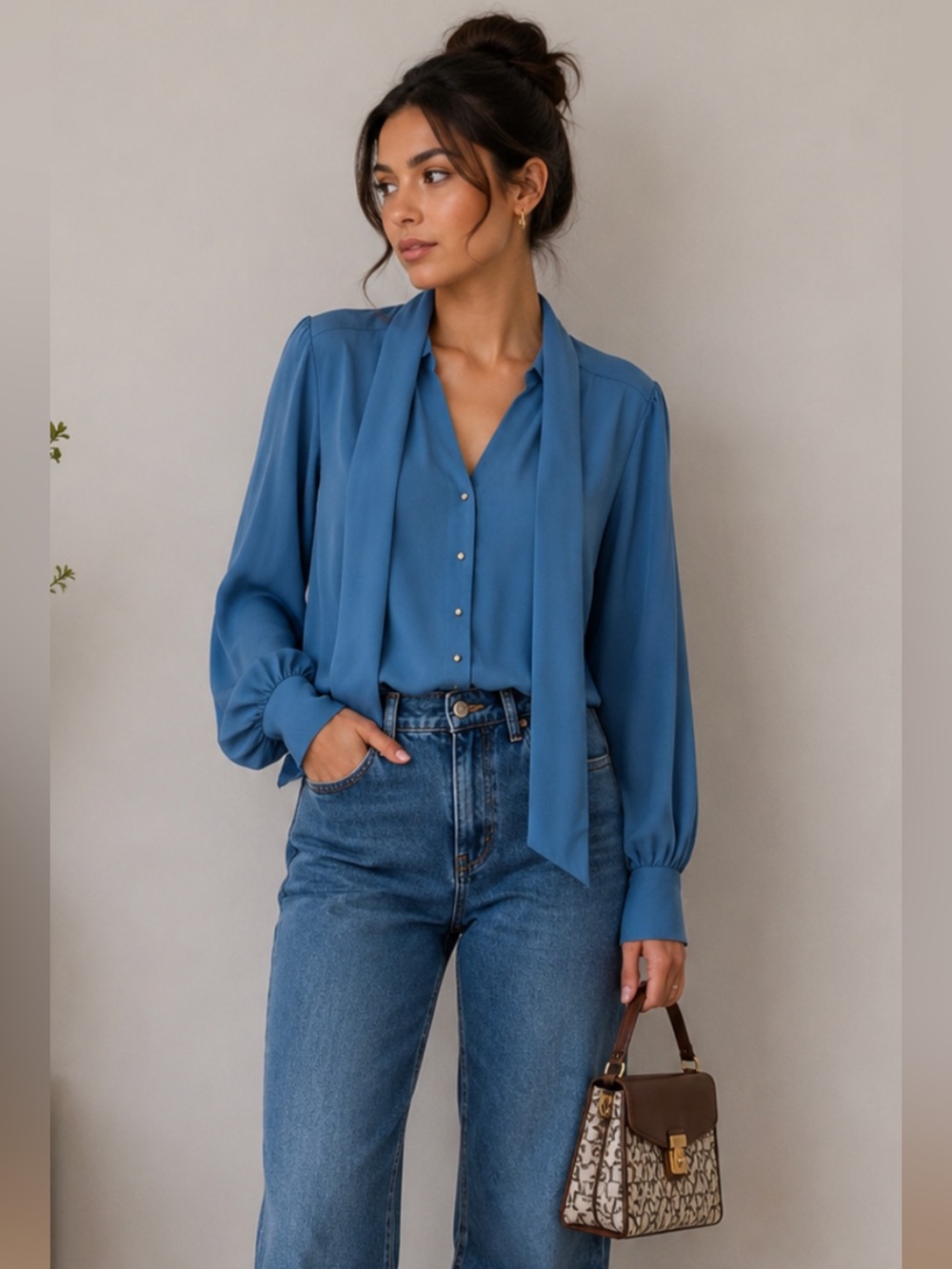 Chico's Teal Tie-Neck Blouse with Puff Sleeves